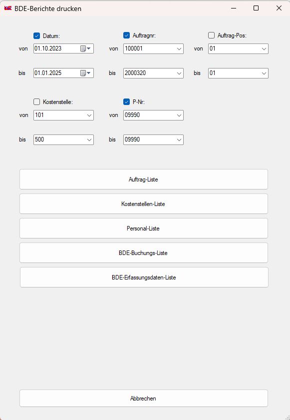 Das zentrale Druckmenü der BDE-Software ermöglicht mit verschiedenen Filteroptionen für den Export umfassende Datenauswertungen.