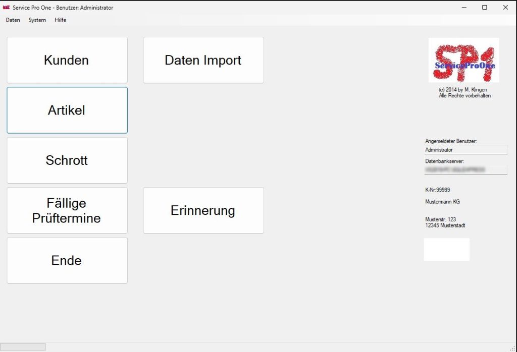 Wartungssoftware Oberfläche Über die Oberfläche der Wartungssoftware erreicht man u.a. die Eingabe der Prüfung gem. Betriebssicherheitsverordnung.