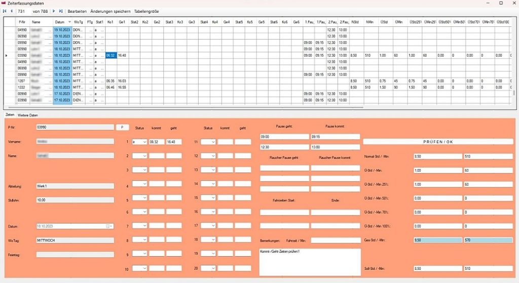 Die Datenübersicht der Zeiterfassungs-Software zeigt tabellarische Rohdaten und exportierte Zeitstempel für die Lohnabrechnung.